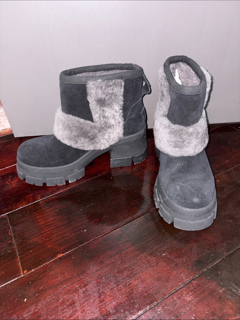 UGG Black Suede Faux-Fur Trim Lug Sole Ankle Boots